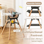 BABY JOY Baby High Chair, 6 in 1 Convertible Wooden High Chair for Babies & Toddlers with Adjustable Legs, Double Removable Tray, Safety Harness & Waterproof PU Cushion (Coffee)