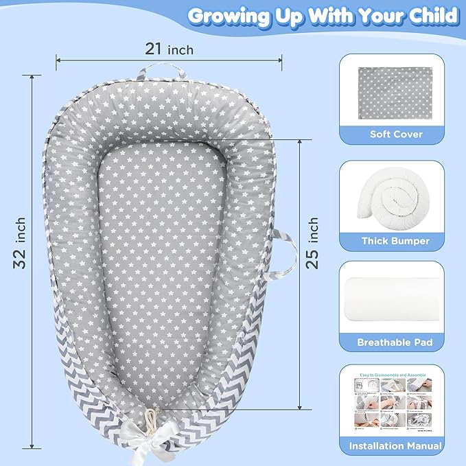 KISS GOLD Baby Lounger - Breathable Soft Cotton Cover Baby Lounger Nest, Babies Essentials Gifts, Portable Lounger for Baby Tummy Time Floor Playing Seated Support for Home and Travel