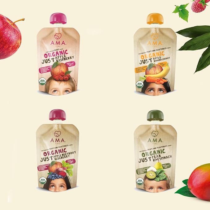 AMA TIME Organic Baby Food Pouches Variety Pack (12 Count, 8 Flavors) | Stage 1+ Fruit & Veggie Puree | Non-GMO Allergen-Free No Added Sugar | BPA-Free Pouches for Baby Led Weaning & Toddlers