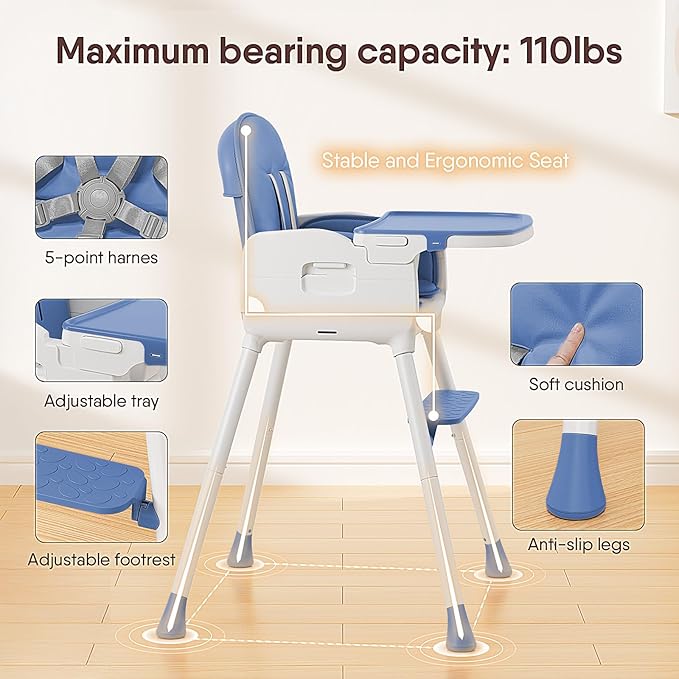 3-in-1 Portable Baby High Chair for Babies and Toddlers, Convertible Easy Clean Infant Foldable Highchair with Adjustable Legs & Dishwasher Safe Tray, Blue