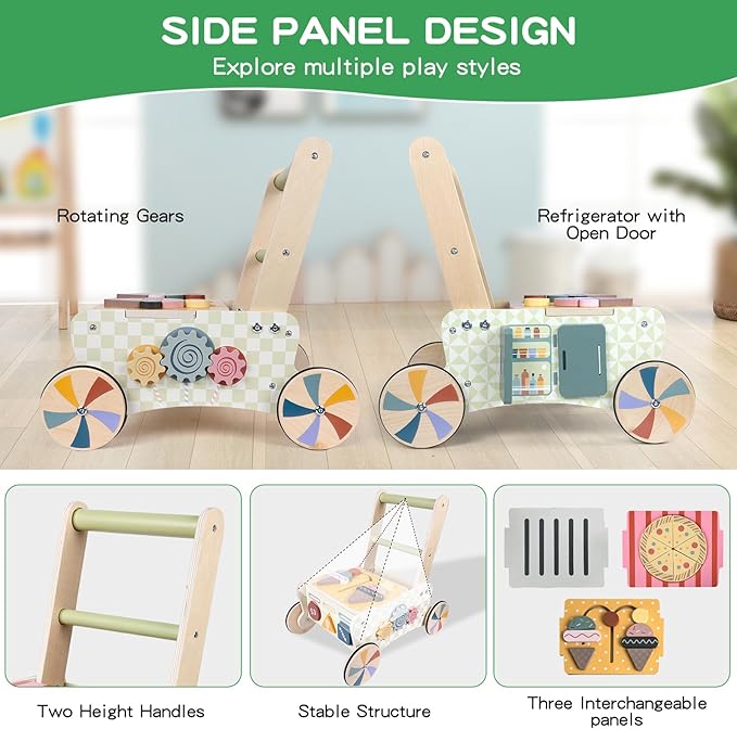 Wooden Push Walker for Babies with Wheels 12 Months+ Wooden Baby Walker Activity Walker for Babies Montessori Multiple Learning Activities Center Walking Toy Adjustable Speed Birthday Gift