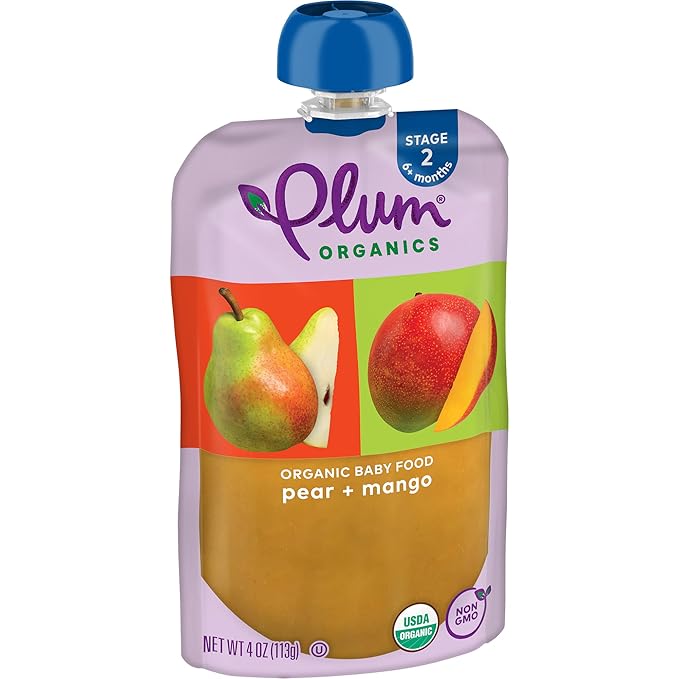 Plum Organics Stage 2 Organic Baby Food - Pear and Mango - 4 oz Pouch (Pack of 6) - Organic Fruit and Vegetable Baby Food Pouch