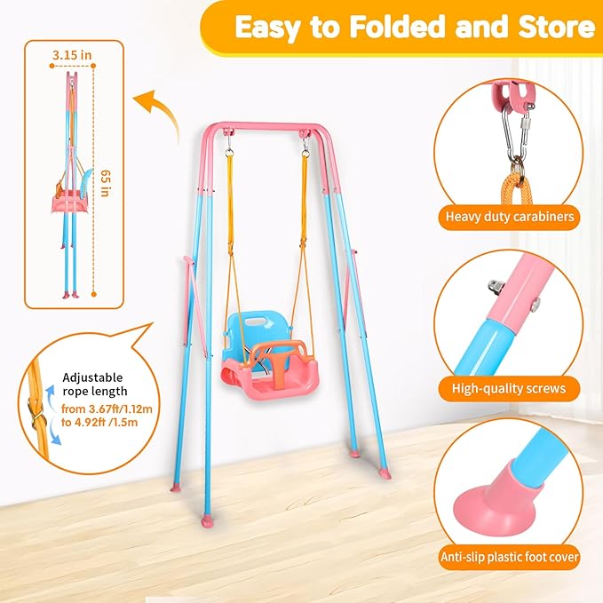 4 in 1 Toddler Swing Set & Baby Jumper, Heavy Duty Kids Swing with Bouncer, Foldable Metal Stand for Indoor & Outdoor, Easy Install & Store (Blue Pink)