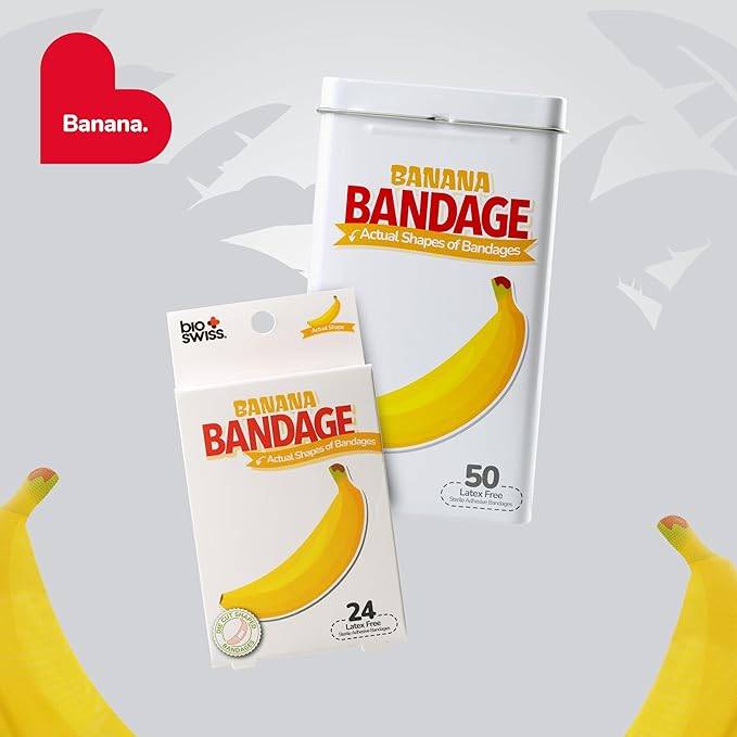 BioSwiss Bandages, Banana Shaped Self Adhesive Bandage, Latex Free Sterile Wound Care, Fun First Aid Kit Supplies for Kids, 24 Count