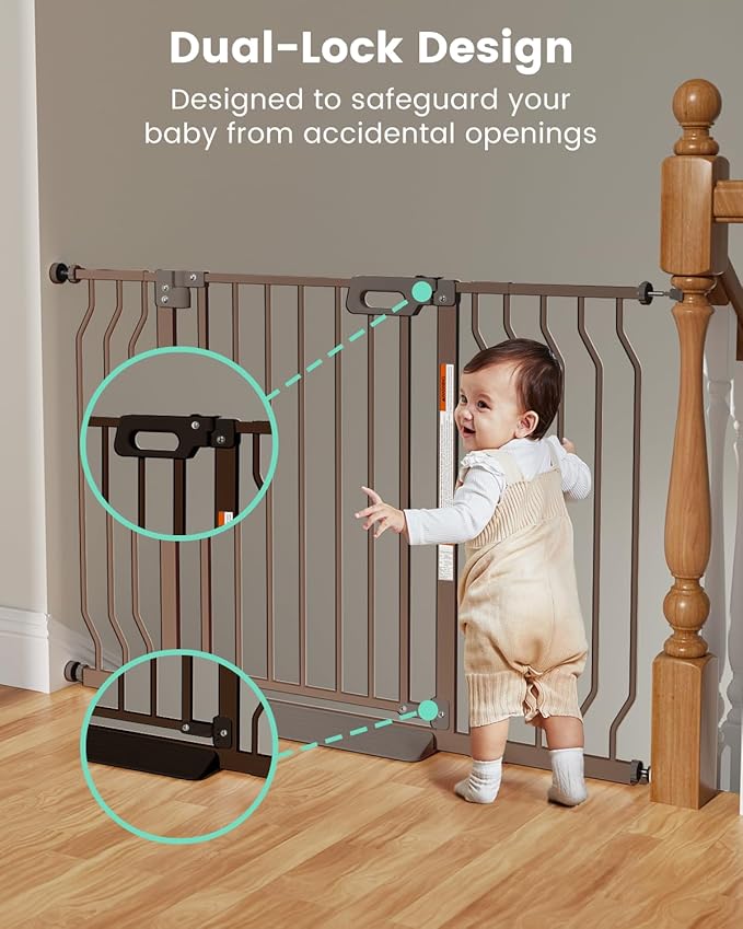 Mom's Choice-GROWNSY Baby Gate for Stairs, 30.5"-48.4" Pressure Mounted Baby Gate for Top of Stair&Doorway with V-Shaped Rods, Anti-Trip Pedal,Wide Stairs Dog Gate Easy Install w/Red Reminder,Brown