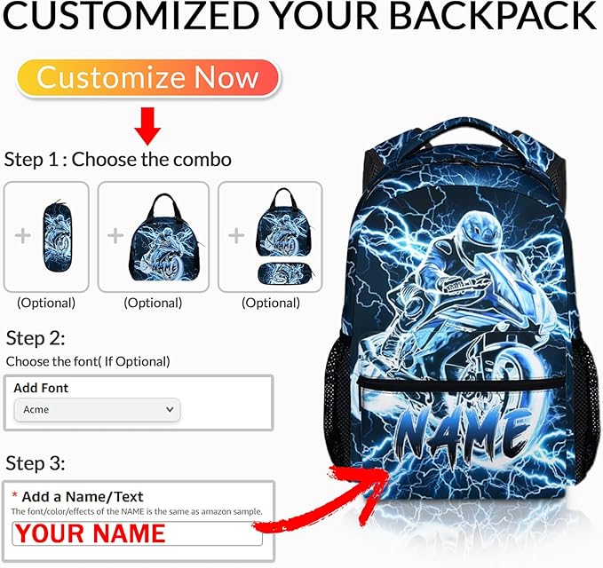 Personalized Backpacks for Boys, Motorcycle Backpack with Custom Name for Kids Kindergarten Primary Elementary Senior Middle, 17 Inch Lightweight Cool Lightning Schoolbag