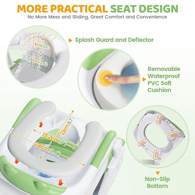 Orzbow 2-IN-1 Potty Training Seat with Step Stool, Height Adjustable Toilet Seat for Toddler, Potty Training with Splash Guard for Kids Boys Girls, Stability Ladder and Anti-Slip Pad, Green