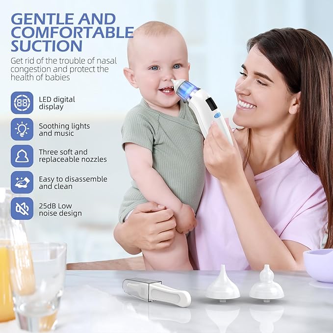 Nasal Aspirator for Baby with Light and Music, Electric Babies Nose Sucker with 3 Soft Silicone Tips, 5 Levels Suction Adjustment Nose Cleaner for Kids Girl Boy Adult Pets