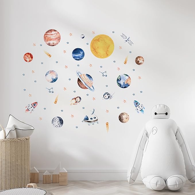 Solar System Wall Decals for Kids - Planets and Space Themed Wall Stickers by Lipastick - Peel and Stick Vinyl Decals for Boys and Girls Bedroom, Nursery, Playroom, Daycare - M Size