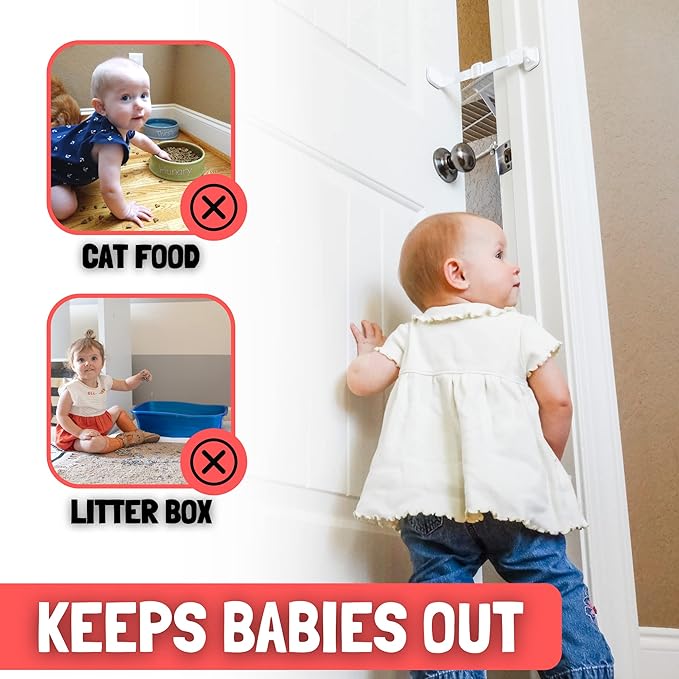 Door Buddy Baby & Cat Door Latch - Grey. Adjustable Strap Keeps Kids Out of Cat Areas. Simple Child Safety Lock for Doors. The Easier Baby Gate and Kitty Door Interior Alternative.