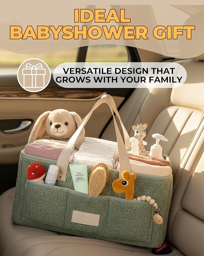 Baby Diaper Caddy Organizer with Portable Changing Mat - Teddy Fleece Diaper Organizer for Changing Table - Basket for Changing Essentials - Baby Essentials Organizer with Removable Dividers