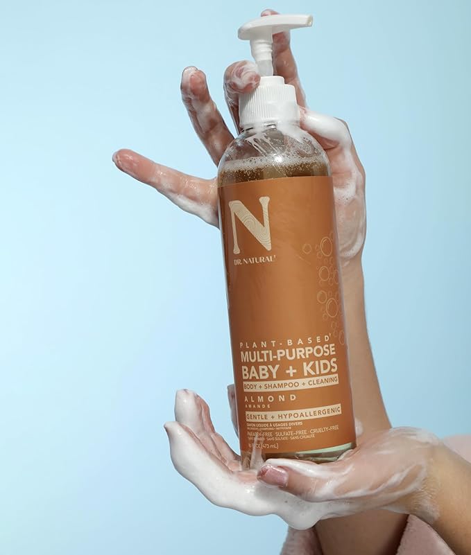 Dr. Natural Multi-Purpose Baby Plus Kids Soap - Body Wash and Shampoo - Gentle Soap with Shea Butter - Newborn Safe - Almond - 16 oz