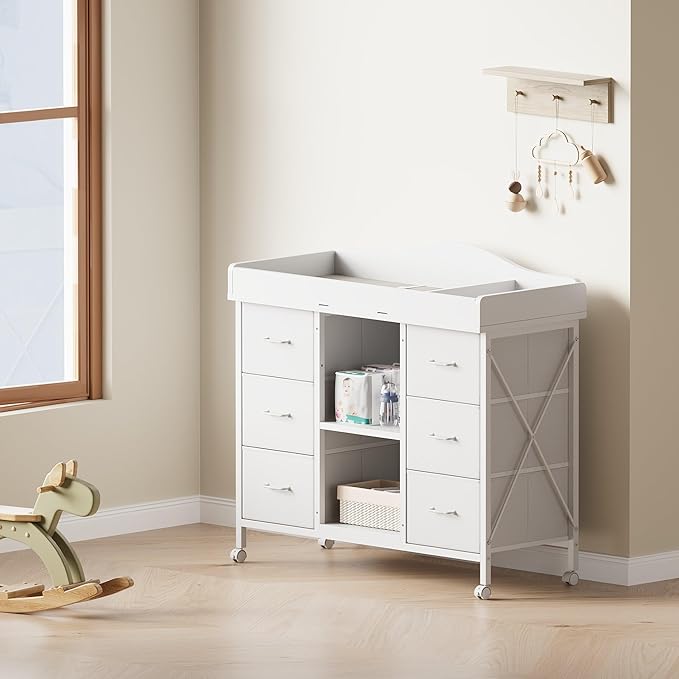 Changing Table, 6-Drawer Baby Dresser with Changing Table top, Waterproof Diaper Changing Station & Pad, 2 Height-Adjustable Open Storage Shelves, Mobile Nursery Organizer, White