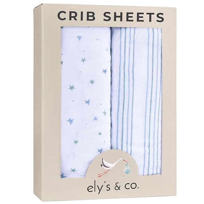 Ely’s & Co. Crib Sheets, Baby Boy Fitted Crib Mattress Sheet Set, 2 Pack, 100% Jersey Knit Cotton, Infant and Toddler Nursery Bedding, Blue Stars + Stripes Print, 28” x 52”