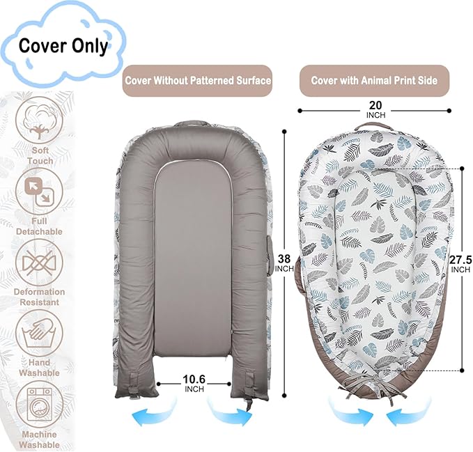 Baby Lounger Cover Only for Newborns, 100% Cotton Soft Portable Baby Nest Lounger Cover, Breathable Infant Lounger Replacement Cover, Lounger Pillow Cover Fit for Snuggle Me, Cover Only(Leaf Pattern)