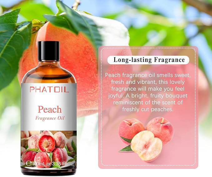 PHATOIL 3.38FL.OZ Peach Fragrance Oils for Aromatherapy, Essential Oils for Diffusers for Home, Perfect for Diffuser, Yoga, Skin Care, DIY Candle and Soap Making - 100ml