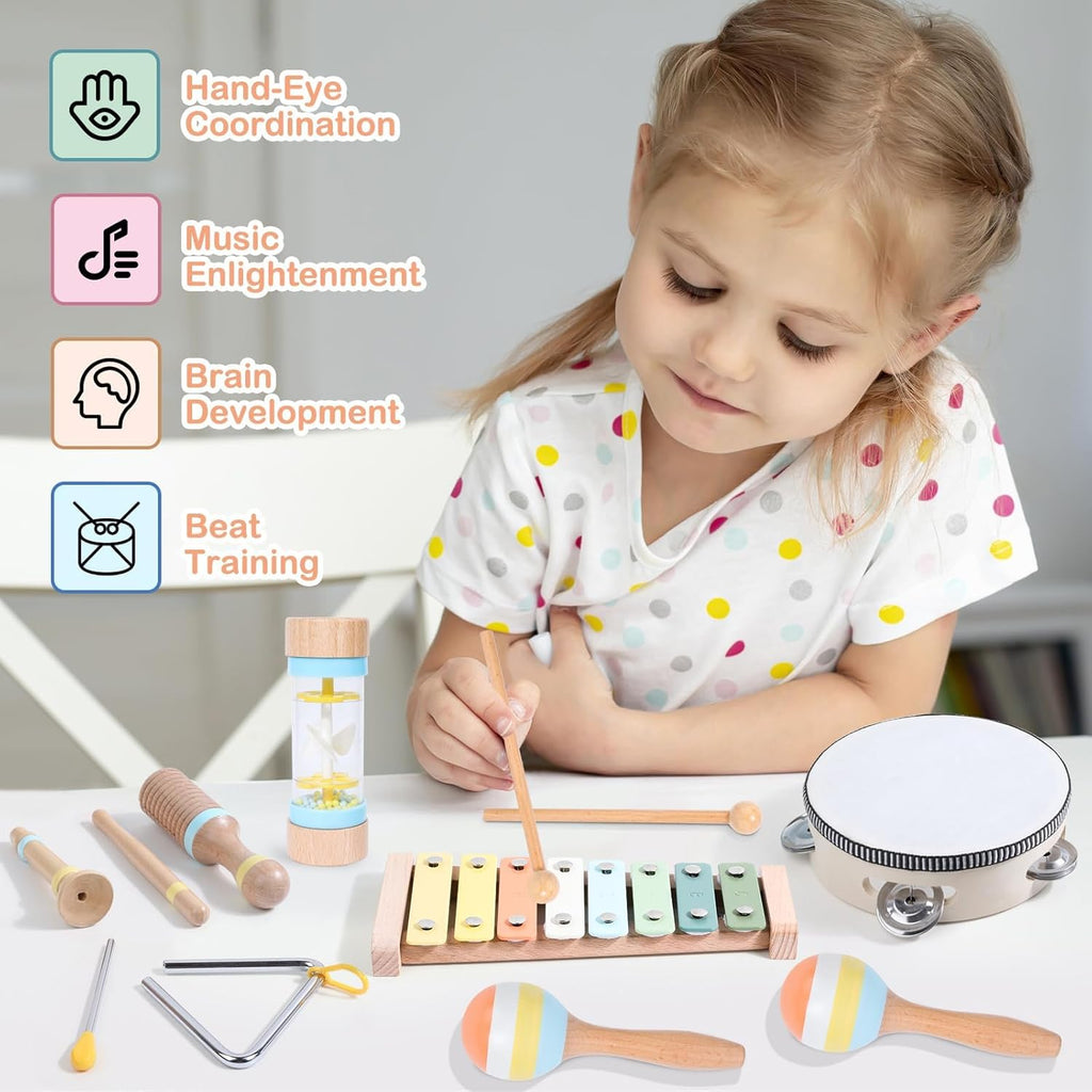 Wooden Musical Instruments Set for Toddlers 1-3, Baby Kids Montessori Toys Neutral Colors Percussion Set Preschool Educational Xylophone Music Toys for 2 3 4 Year Old Baby Girls Boys Birthday Gifts