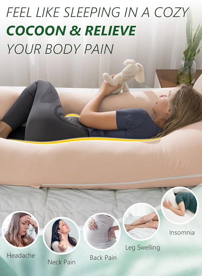Meiz Pregnancy Pillows, Pregnancy Pillows for Sleeping Cooling, U Shaped Full Body Pillow for Adult, Rayon Cover from Bamboo, Light Apricot