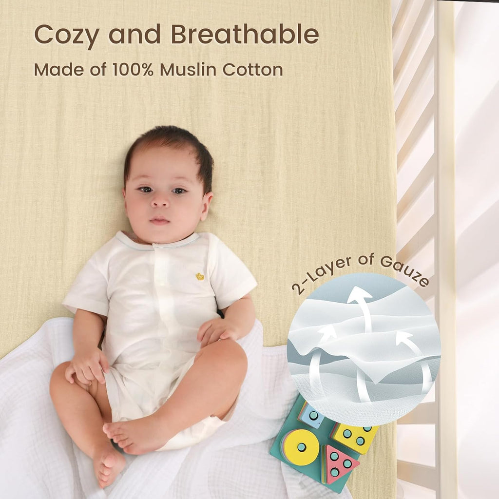 david's kids Muslin Mini Crib Sheets, 2 Pack Cotton Pack N Play Sheets for Boys Girls Neutral, Soft Breathable Baby Sheets Fit Pack N Play, Playard and Mini Crib Mattresses, Beige & Green