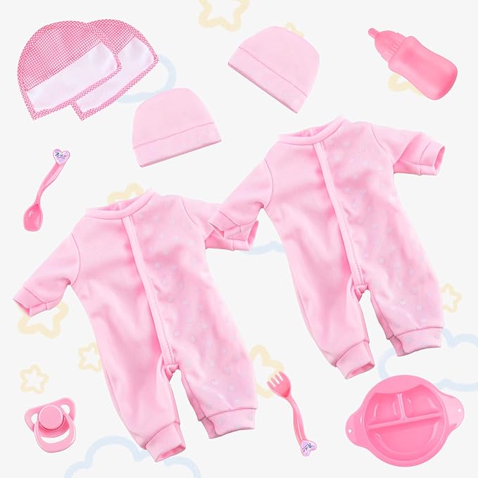 Toy Choi's Twin Baby Dolls - 12 inch Two Soft Body Black and White Doll with Accessoires, Dolls Play Set for 2 3 4 5 Year Old Boys and Girls Gift | Pink Outfit Doll Set