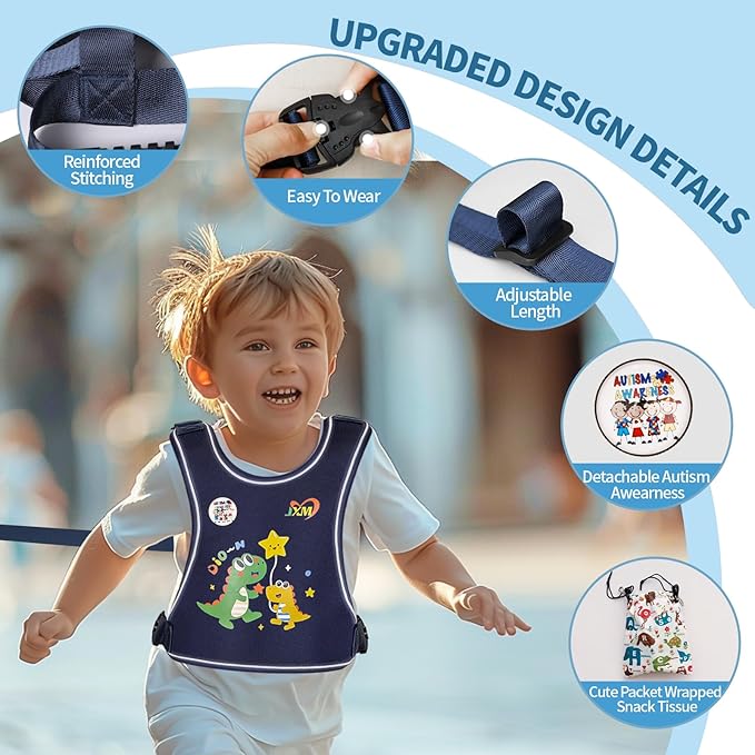2025 New Safety Harness for Autism and Special Needs Child (3-6 yrs), Anti-Elopement Vest Harness with Light Reflector and Grab Handle for Active, Autistic ADHD Kids,Adjustable Tether Leash with Pouch
