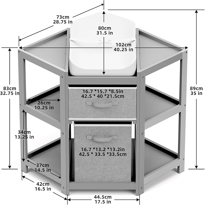 KORIMEFA Changing Table with Drawers, Corner Baby Diaper Changing Station for Nursery with Laundry Hamper, Storage Bin, and Contoured Pad for Baby - Grey