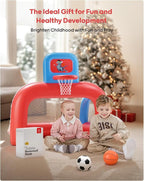 QPAU 2-in-1 Inflatable Toddler Basketball Hoop & Soccer Goal Set, Indoor Outdoor Sports Center Toys for Kids, Baby Toddlers Birthday Gift for 1 2 3 4 5 Year Old Boys Girls