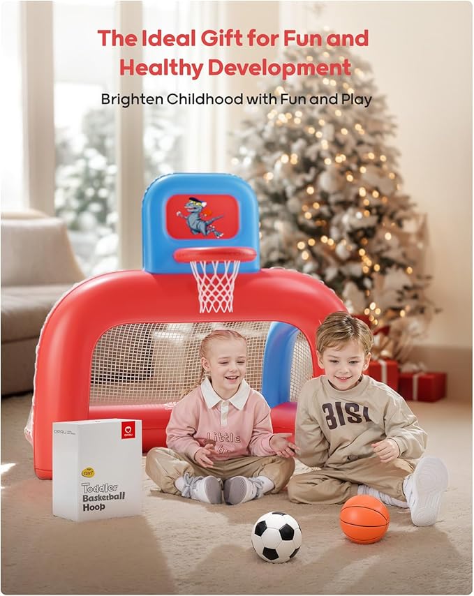 QPAU 2-in-1 Inflatable Toddler Basketball Hoop & Soccer Goal Set, Indoor Outdoor Sports Center Toys for Kids, Baby Toddlers Birthday Gift for 1 2 3 4 5 Year Old Boys Girls