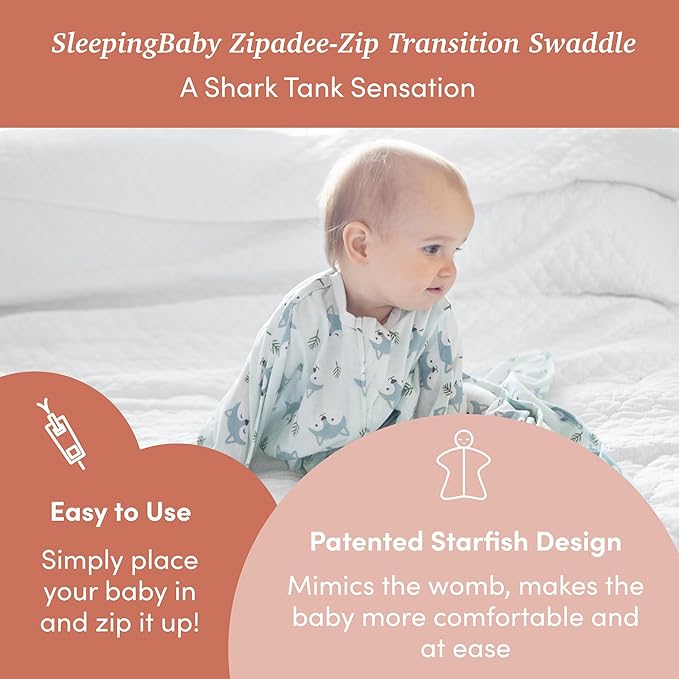 SleepingBaby Zipadee-Zip Transition Swaddle - Cozy Baby Swaddle Blanket with Zipper Convenience - Roomy Wearable Blanket for Easy Diaper Changes - Happy Wolf, Small (4-8 Month)