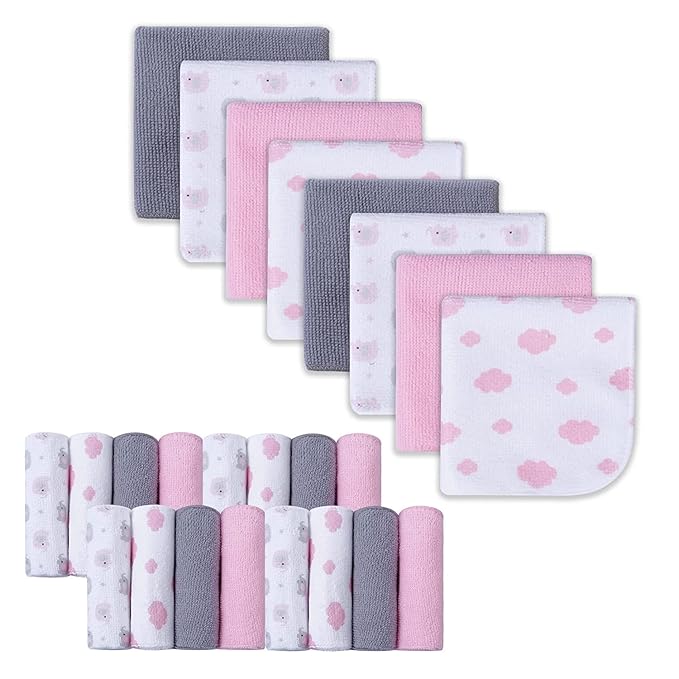 softan Baby Washcloths, 24Pack Baby Wash Cloths Extra Soft & Ultra Absorbent, Baby Towels and Washcloths Face Towel Unisex for Boys Girls Body, Washclothes Gentle on Sensitive Skin, 9x9 Pink Elephant