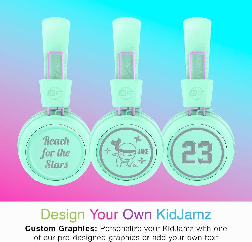 MEE audio KidJamz KJ55BT Personalized Bluetooth Wireless Safe Listening Headphones for Kids w/Custom LED-Backlit Design, Volume Limiter, Microphone; Kids Headset for School/iPhone/iPad/Tablet (Mint)