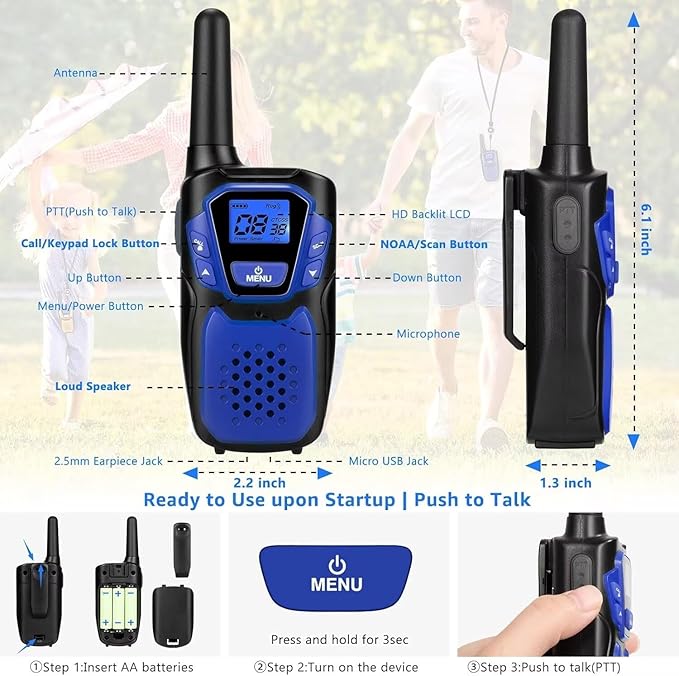 Walkie-Talkies for Kids Rechargeable Walkie Talkie for Adults Long Range FRS 2 Way Radio 3 Pack with Lanyard Battery 4 Miles NOAA USB, Family Toys for 3-12 Year Old Girls Boys Toddlers Camping