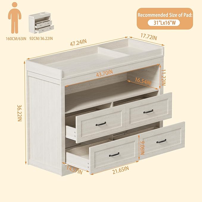 Baby Changing Table with Changing Table Top for Infants Nursery Dresser Chest with 4 Drawers Storage Changing Station Dresser with LED Light Diaper Changing Station Nursery Organizer,Beige