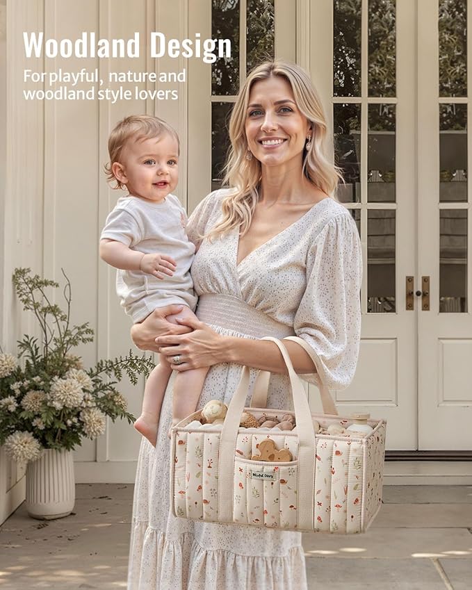 Blissful Diary Woodland Diaper Caddy Organizer, Stylish Nursery Storage Basket, Gift for Baby Shower, Newborn Essentials, Woodland Cream