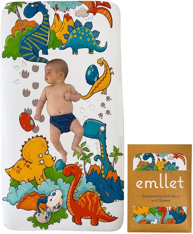 100% Cotton Crib Sheet – “Dino Adventure” Dinosaur Theme for Boys & Girls, Breathable Toddler Bedding, Fits Standard 52” x 28” Crib Mattress