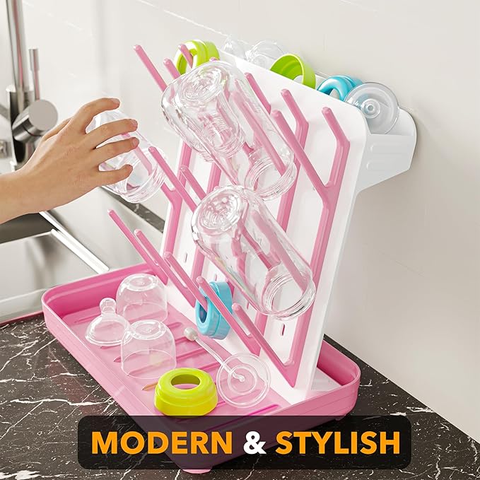 SpaceAid Baby Bottle Drying Rack with 20 Hooks, Space Saving Kitchen Bottles Rack Dryer, Vertical Baby Bottle Holder Organizer for Countertop Storage Accessories (White and Pink)