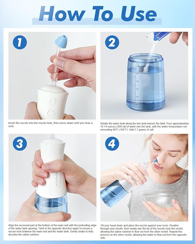 Electric Neti Pot Nasal Irrigation System – 300ml Cordless Sinus Rinse Machine for Adults & Kids, Nose Wash Bottle with 3 Tips for Nasal Care(Sky Blue)