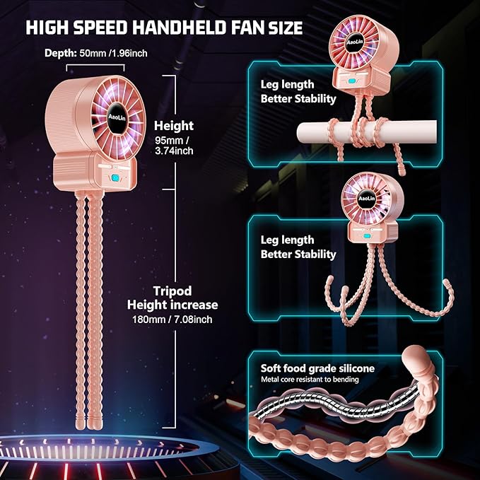 2 Pack Multifunctional Portable Stroller Fan 4 Speed 6600rpm High Speed Usb Rechargeable Personal Mini Handheld Fan Extended Tripod For Desktop Winding Kids Bed Treadmill Bike Golf Cart Outdoor Travel