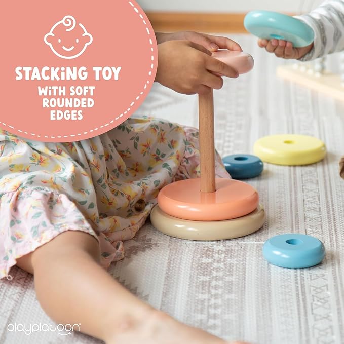 Play Platoon Wooden Rainbow Stacking Toy Ring Stacker, Educational Interactive Learning Toys, Create Stacks of Circles for Kids, Babies, Toddlers and Children