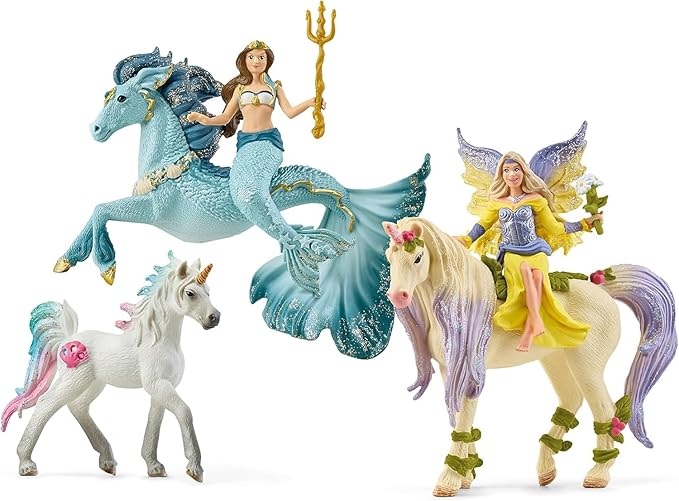 Schleich Bayala - 7 PC Mermaid, Unicorn and Fairy Toy Starter Set for Girls and Boys - Cute Fairies and Unicorn Figures with Accessories - Fantasy Figurine Animal Playset for Kids Ages 5+ - 72178