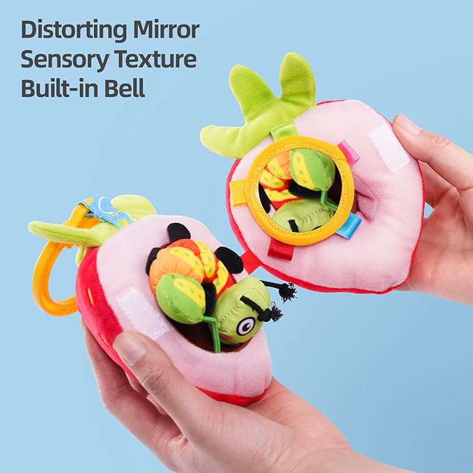 Jollybaby Newborn Plush Stuffed Fruit Rattle Toy for Stroller Car Seat Crib, Montessori Sensory Plush Strawberry Toy with Rattle and Mirro Toy for Baby 0-6-12 Month, Infant Baby Boy Girl Shower Gift