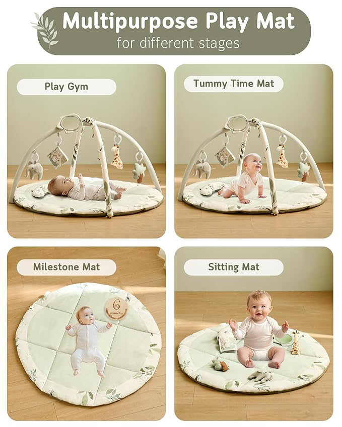 Fortella Baby Play Gym & Activity Mat, Tummy Time Mat w 5 Detachable Toys and Pillow, Large Sensory Playmat for Floor, Newborn Infant Baby Essentials Shower Gift 0-3-6-9-12 Months (Sage Green)