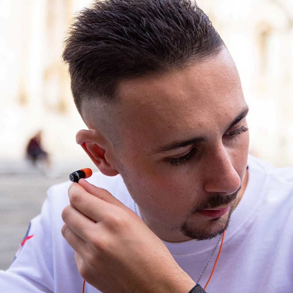 LUDOS Clamor Wired Earbuds in-Ear Headphones, 5 Years Warranty, Earphones with Microphone, Noise Isolating Ear Buds, Memory Foam for iPhone, Samsung, School Students, Kids, Women, Small Ears - Orange