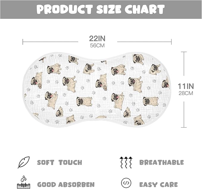 4 Pack Muslin Burp Cloths Pugs Dog Paw White Cotton Baby Burp Cloths Extra Absorbent and Soft Burping Cloth for Newborn Boys Girls 22x11 Inch