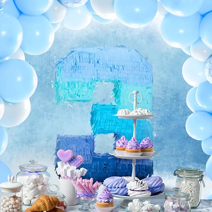 Sratte Number 1 2 3 4 5 6 7 8 9 Piñata with Stick Blindfold Confetti, Gradient Blue Piñata for Kids Boys Girls Birthday Party Anniversary Decorations Supplies(Number 3)