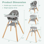 BABY JOY Baby High Chair, 6 in 1 Convertible Wooden Highchair for Babies & Toddlers with Adjustable Legs, Removable Double Tray, Safety Harness & Waterproof PU Cushion (Gray)