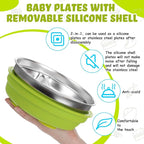 Nuogo 2 Pcs Stainless Steel Baby Suction Plates with Removable Silicone Shell 2-in-1 Metal Toddler Bowl Divided for Picky Eaters Kids Feeding Led Weaning Supplies, Dishwasher Safe (Green, Blue)