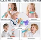 Musical Toys for 2 3 Year Old Boy Girl Birthday Gifts, 5 in 1 Montessori Musical Instruments for Toddlers 2-4 with Trumpet/Microphone/Flute/Harmonica, Preschool Learning Toys for Baby 18+ Months