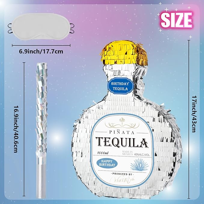 WERNNSAI Tequila Bottle Pinata - Disco Party Decorations for Adults Silver Patron Tequila Pinata with Blindfold for Bachelor Birthday Party Supplies 11.7” x 16.5”
