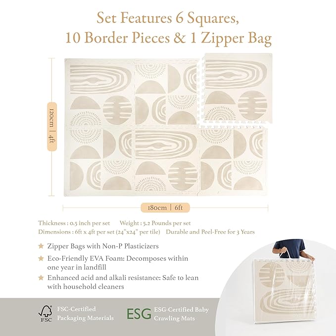 PopsyKosy Premium Exercise & Baby Foam Play Mats - Stylish & Large Non-Toxic Odorless Floor Mat - 6 Tiles - Spacious 6ft x 4ft - Peel-Resistant Reinforced Ver.- Soft Thick, Waterproof - Desert Sand
